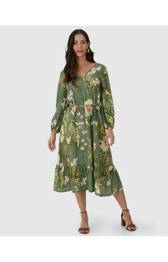 Vestido Midi Feminino Amplo Manga 7/8 Em Viscolinho