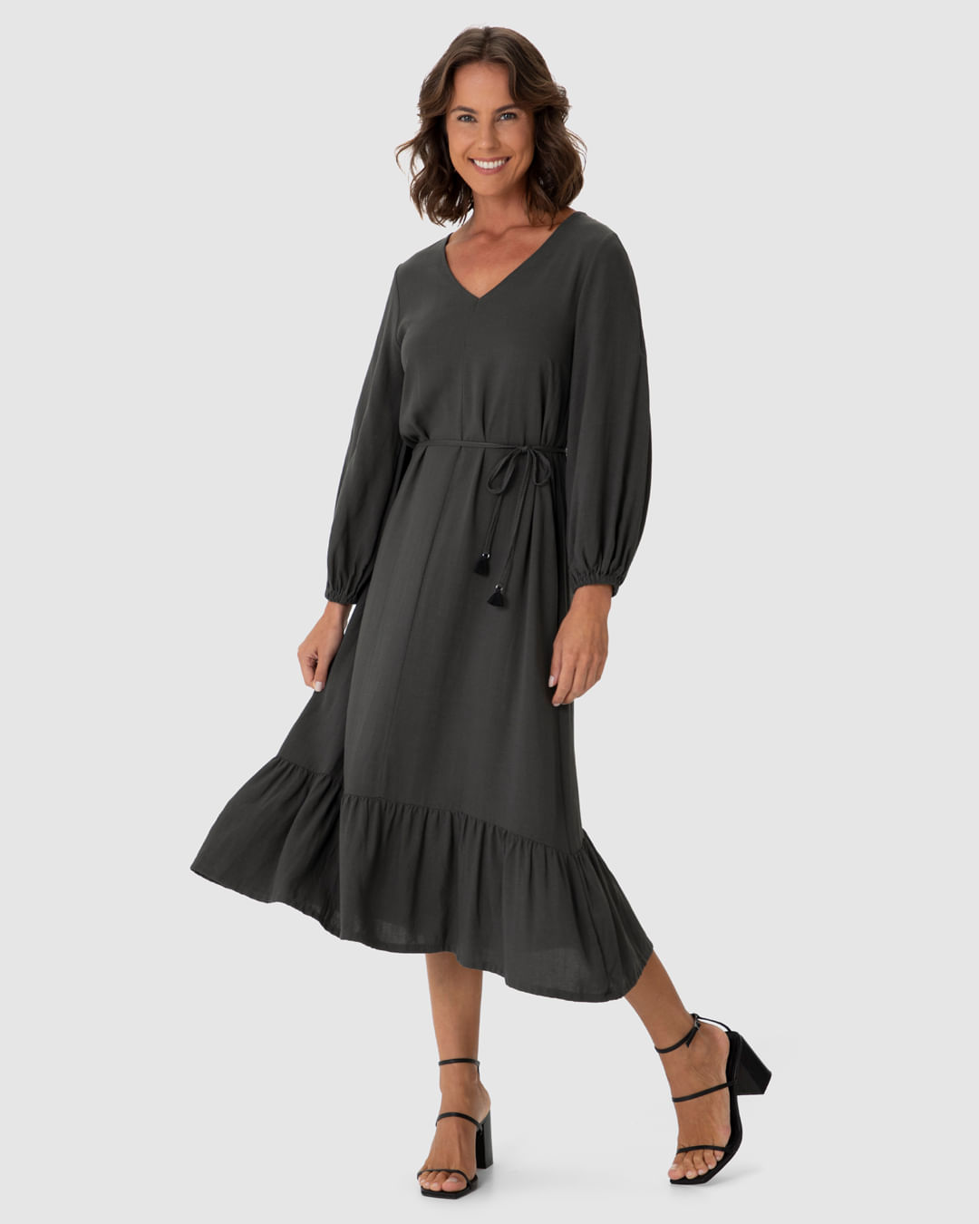 Vestido Midi Feminino Amplo Manga 7/8 Em Viscolinho