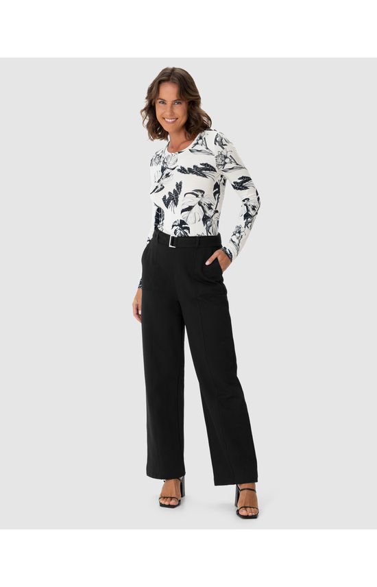 Calça Reta Feminina Com Cinto E Bolso Funcional Em Moletom Flanelado