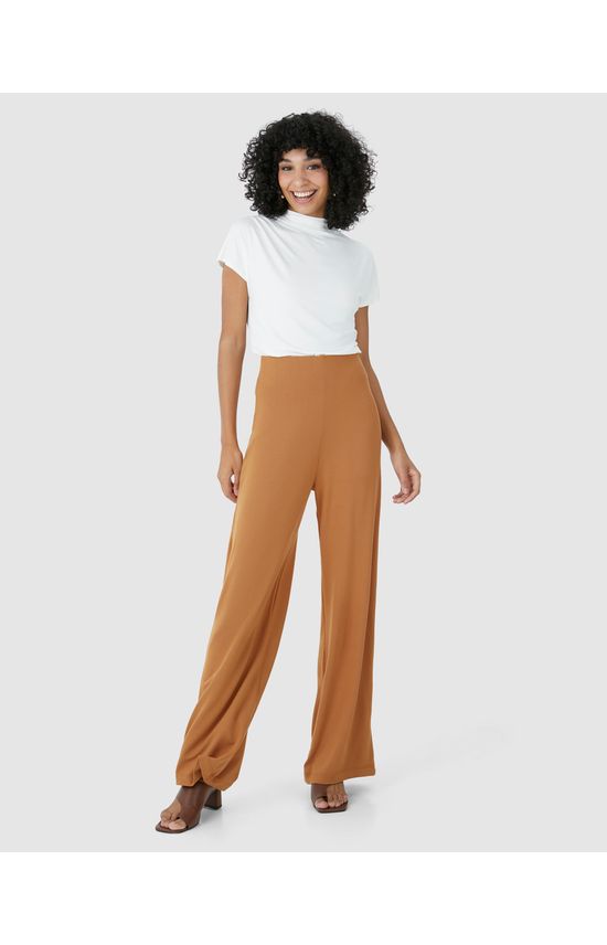 Calça Wide Leg Feminina Bolso Faca Em Moletinho De Viscose