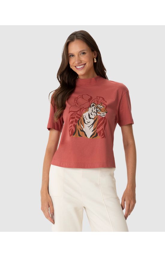Camiseta Feminina Gola Alta Estampa Ilustrativa Em Algodão