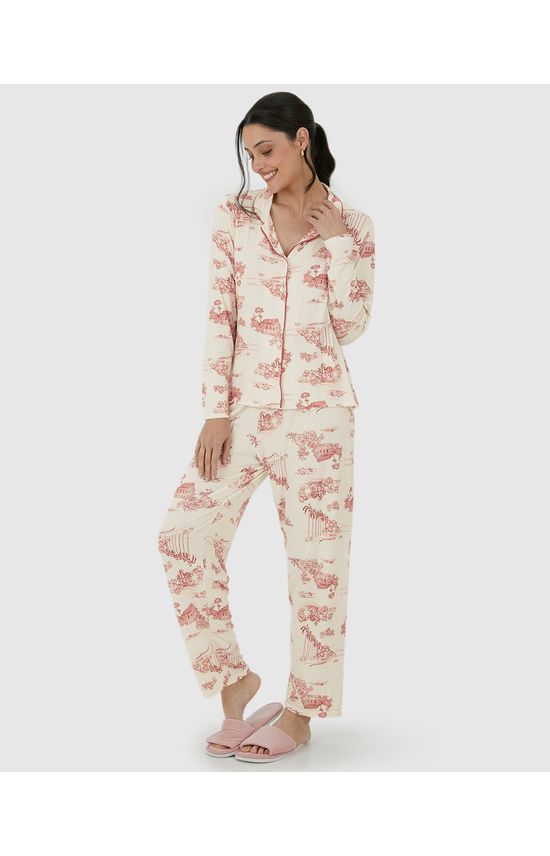 Pijama Longo Feminino Americano Estampado Em Viscose Stretch