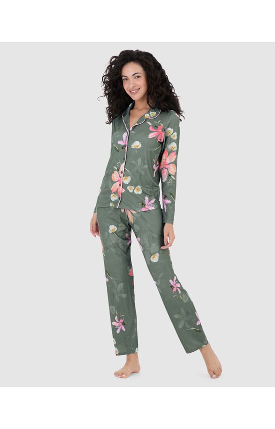 Pijama Longo Feminino Americano Estampado Em Viscose Stretch