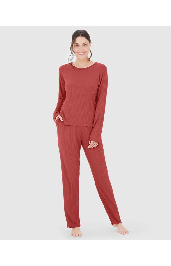 Pijama Longo Feminino Blusa Manga Longa Em Malha Canelada De Viscose