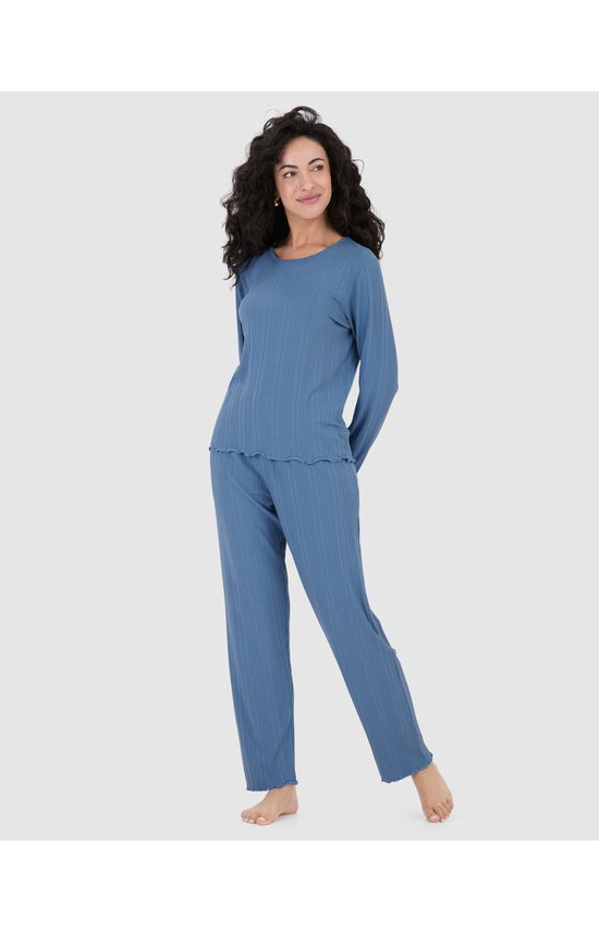 Pijama Longo Feminino Blusa Manga Longa Em Malha Canelada De Viscose