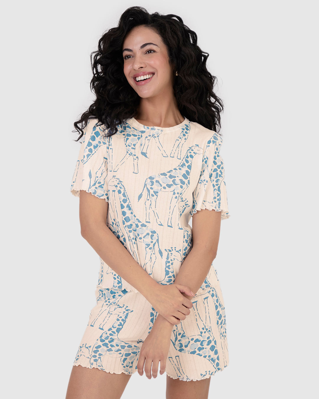 Pijama Curto Feminino Estampado Em Malha Jacquard