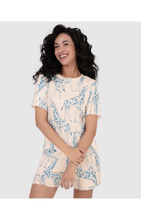 Pijama Curto Feminino Estampado Em Malha Jacquard