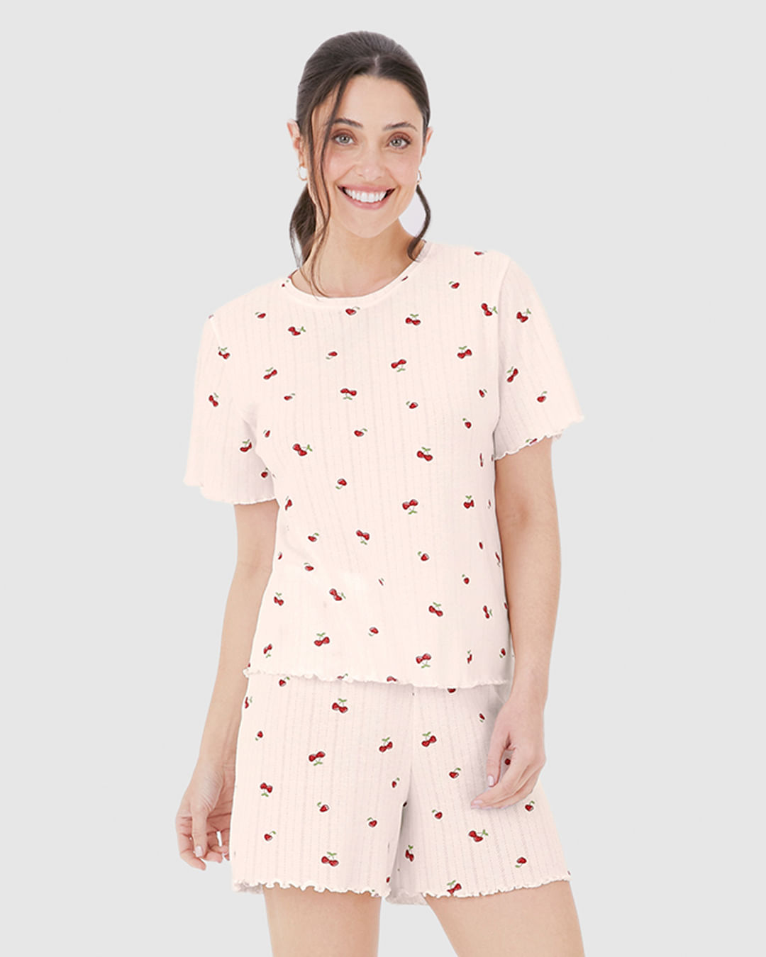 Pijama Curto Feminino Estampado Em Malha Jacquard