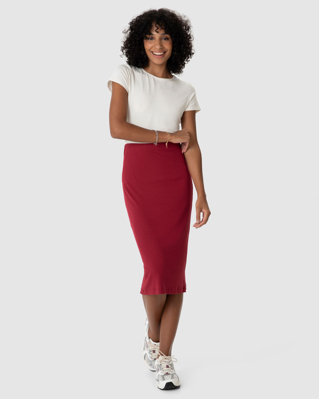 Saia Midi Feminina Em Malha Viscose Canelada