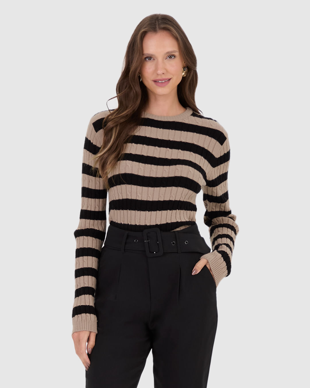 Suéter Feminino Listrado Manga Longa Em Tricô - Imagem 6