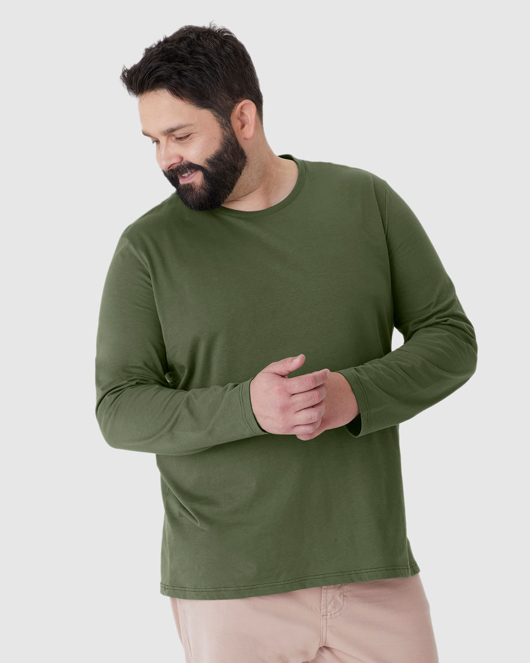 Camiseta Básica Masculina Plus Size Manga Longa Em Algodão
