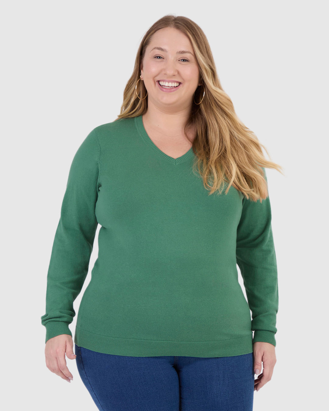 Suéter Básico Feminino Plus Size Gola V Em Tricô