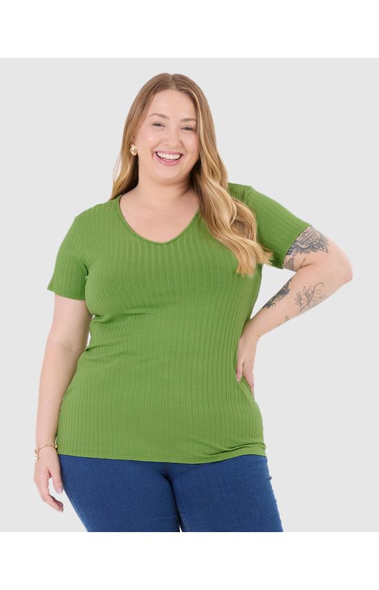 Blusa Básica Feminina Plus Size Decote V Em Canelado De Viscose