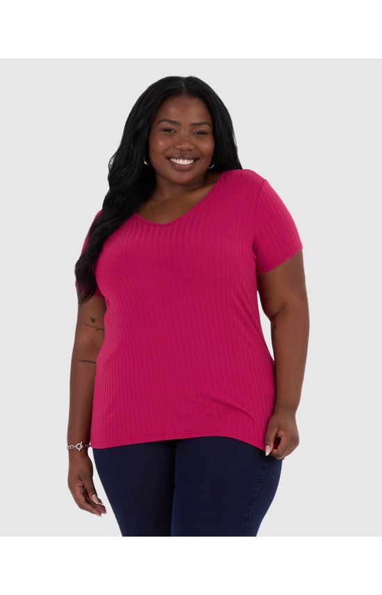 Blusa Básica Feminina Plus Size Decote V Em Canelado De Viscose