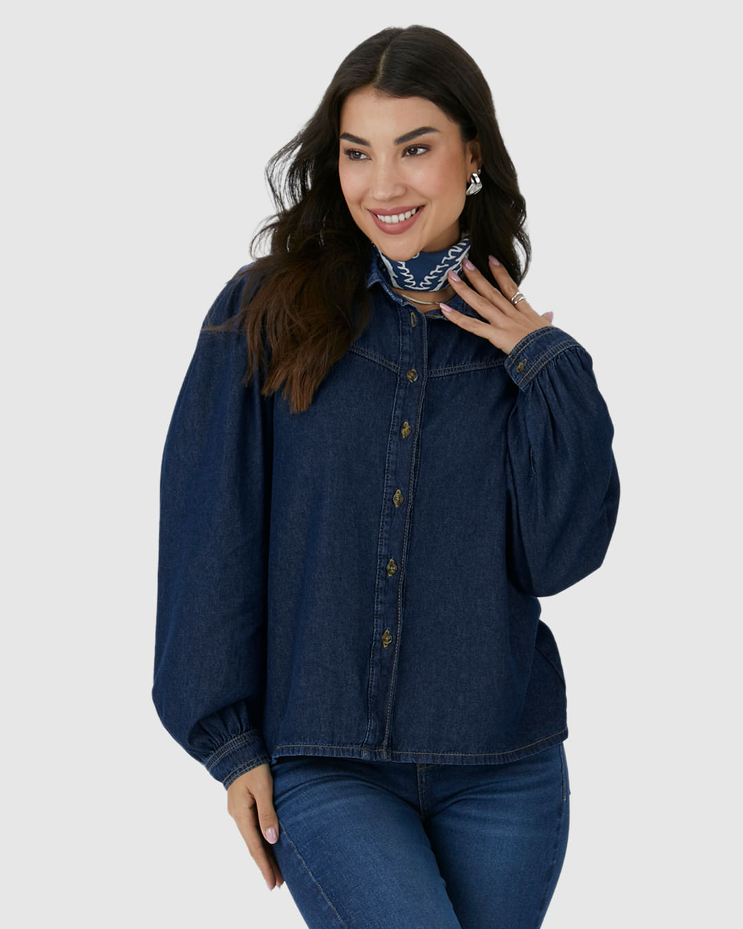 Camisa Feminina Manga Longa Com Pregas Em Jeans 100% Algodão - Imagem 14