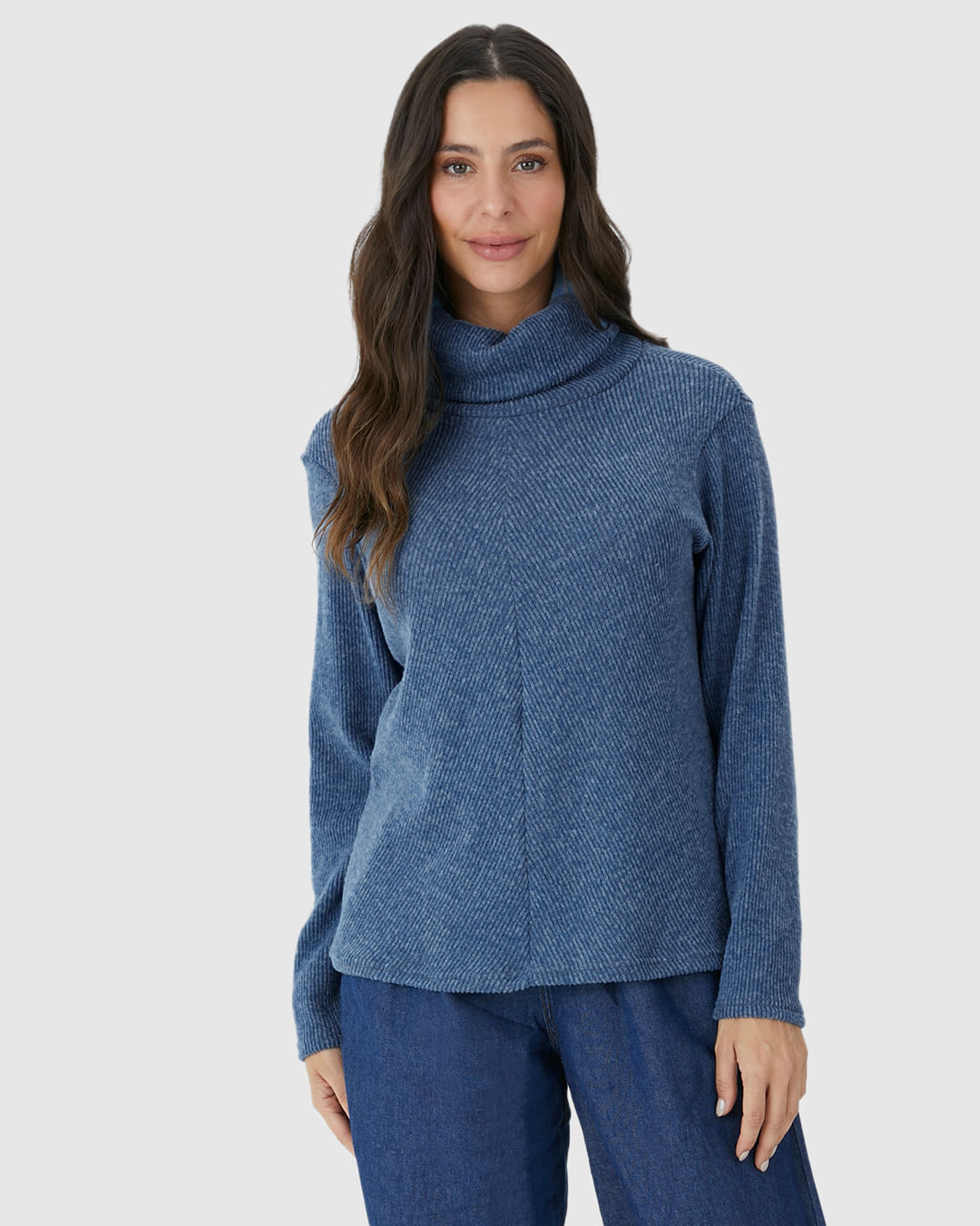 Blusa Ampla Feminina Gola Alta Em Tricô Rajado Flanelado - Imagem 14