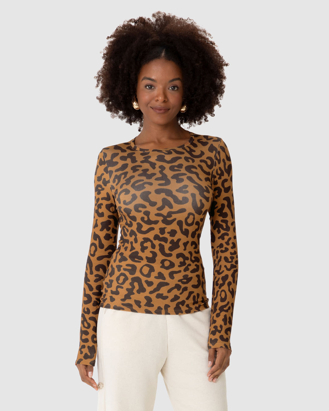 Blusa Feminina Animal Print Decote Redondo Manga Longa Em Viscose Stretch - Imagem 19